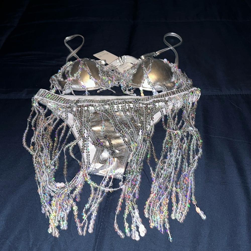 NWT 2 piece silver sparkling swimsuit